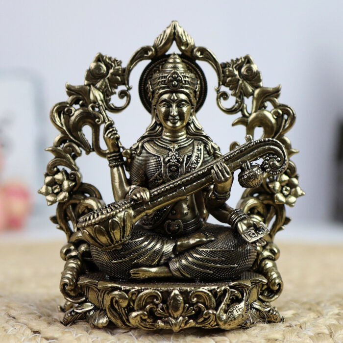 bhunes brass saraswati idol – handcrafted goddess of wisdom & knowledge murti for home & temple - light weighted,gold, 4.5 inch, 1 piece