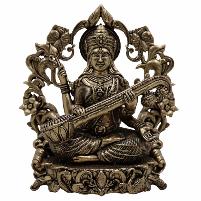 bhunes brass saraswati idol – handcrafted goddess of wisdom & knowledge murti for home & temple - light weighted,gold, 4.5 inch, 1 piece