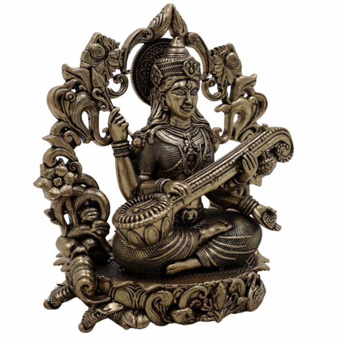 bhunes brass saraswati idol – handcrafted goddess of wisdom & knowledge murti for home & temple - light weighted,gold, 4.5 inch, 1 piece