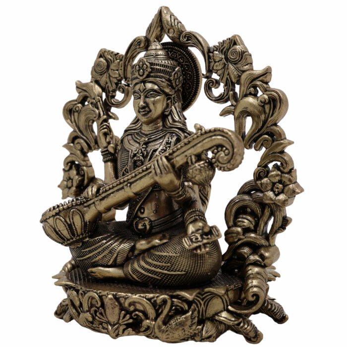 bhunes brass saraswati idol – handcrafted goddess of wisdom & knowledge murti for home & temple - light weighted,gold, 4.5 inch, 1 piece