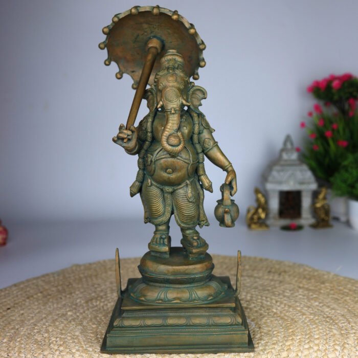 bhunes bronze panchaloha ganesha idol – chola art umbrella ganpati statue | vinayaka, pillaiyar, vighnaharta murti for puja & décor,brown, 14 inch, 1 piece