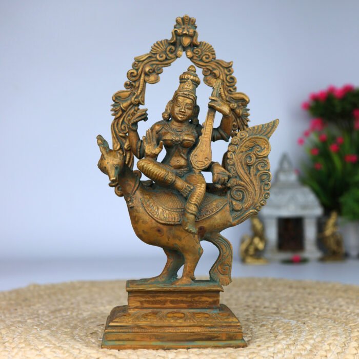 bhunes bronze panchaloha saraswati idol – chola art goddess saraswathi sitting on peacock statue | divine veena murti for home, temple & gift,brown, 10 inch, 1 piece