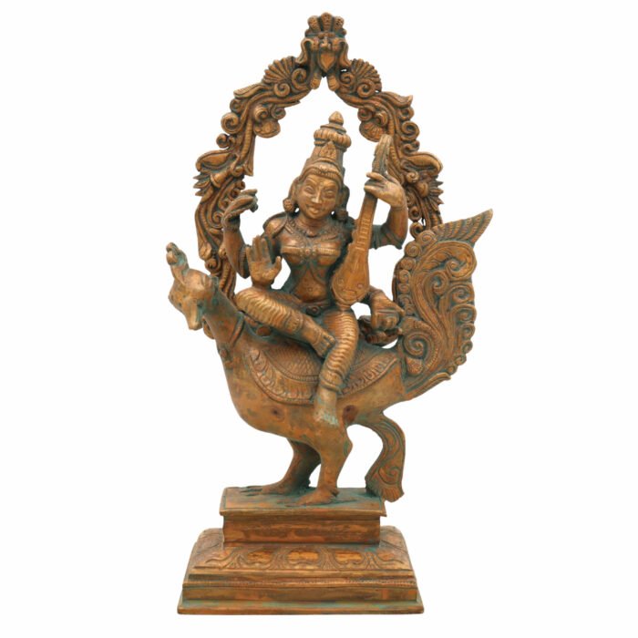 bhunes bronze panchaloha saraswati idol – chola art goddess saraswathi sitting on peacock statue | divine veena murti for home, temple & gift,brown, 10 inch, 1 piece