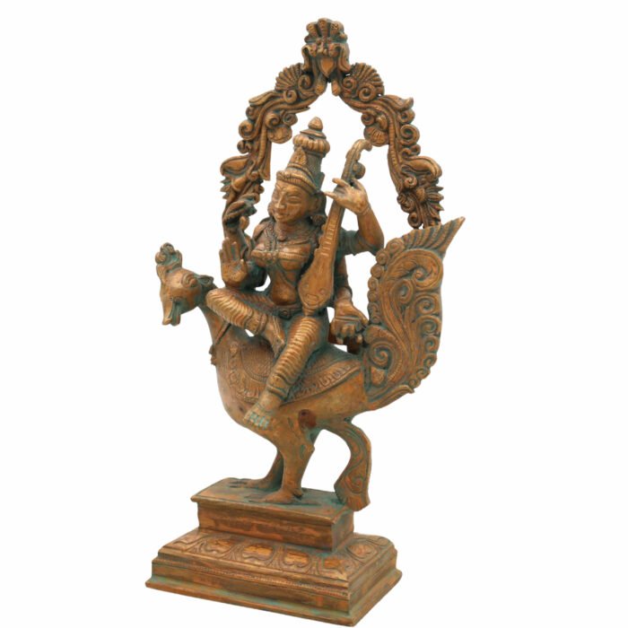 bhunes bronze panchaloha saraswati idol – chola art goddess saraswathi sitting on peacock statue | divine veena murti for home, temple & gift,brown, 10 inch, 1 piece