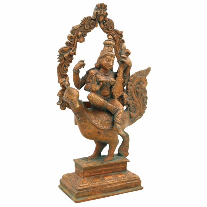 bhunes bronze panchaloha saraswati idol – chola art goddess saraswathi sitting on peacock statue | divine veena murti for home, temple & gift,brown, 10 inch, 1 piece