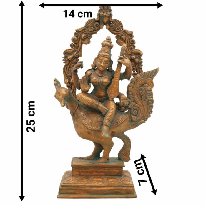 bhunes bronze panchaloha saraswati idol – chola art goddess saraswathi sitting on peacock statue | divine veena murti for home, temple & gift,brown, 10 inch, 1 piece