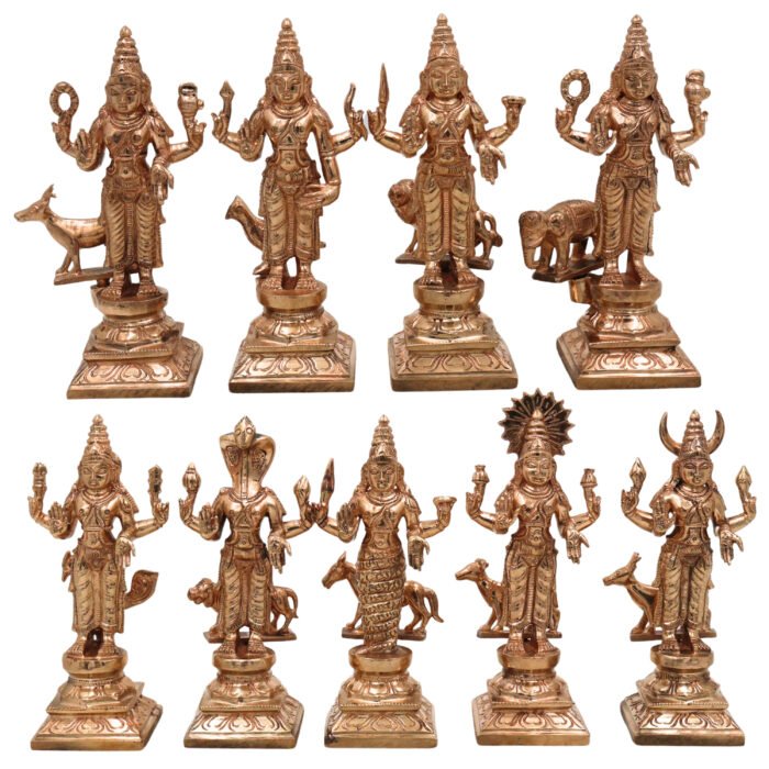 bhunes bronze panchaloha navagraha set – chola art 9 planet deity idols for temple & vastu,gold, 6.5 inch, 1 piece