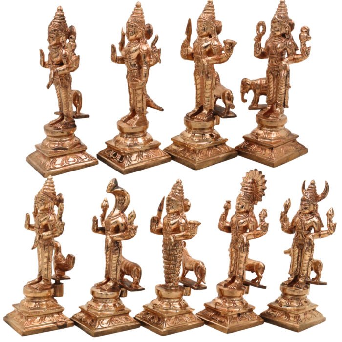 bhunes bronze panchaloha navagraha set – chola art 9 planet deity idols for temple & vastu,gold, 6.5 inch, 1 piece