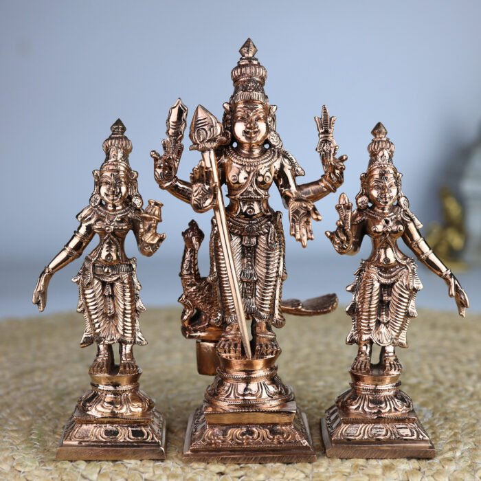 bhunes bronze panchaloha murugan idol with devasena & valli – chola art sculpture with vel & peacock for temple and home décor,gold, 6.5 inch, 1 piece