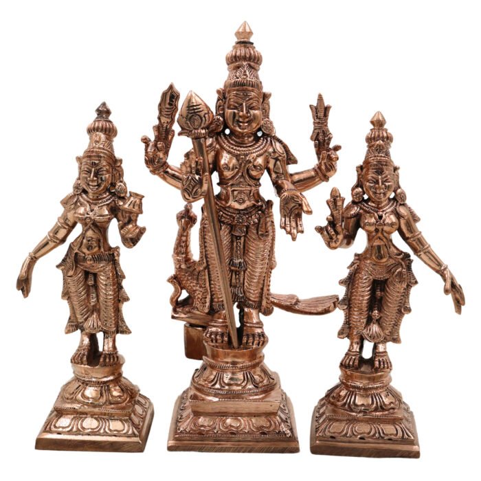 bhunes bronze panchaloha murugan idol with devasena & valli – chola art sculpture with vel & peacock for temple and home décor,gold, 6.5 inch, 1 piece