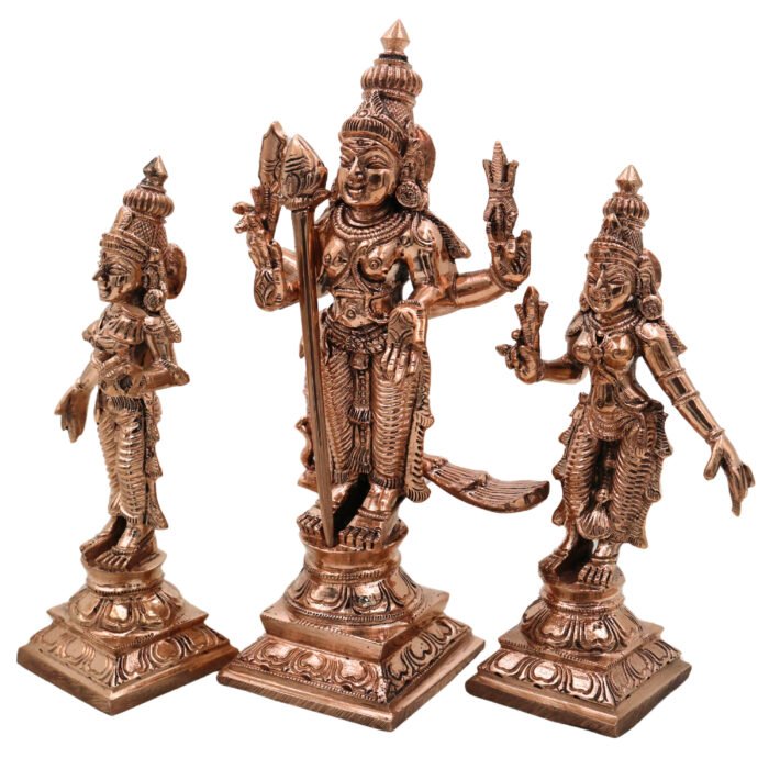 bhunes bronze panchaloha murugan idol with devasena & valli – chola art sculpture with vel & peacock for temple and home décor,gold, 6.5 inch, 1 piece