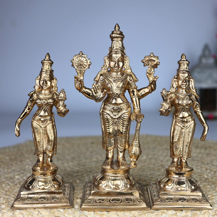 bhunes bronze panchaloha vishnu with sri devi & bhu devi – chola art lord perumal idol for pooja & temple worship,gold, 7.5 inch, 1 piece