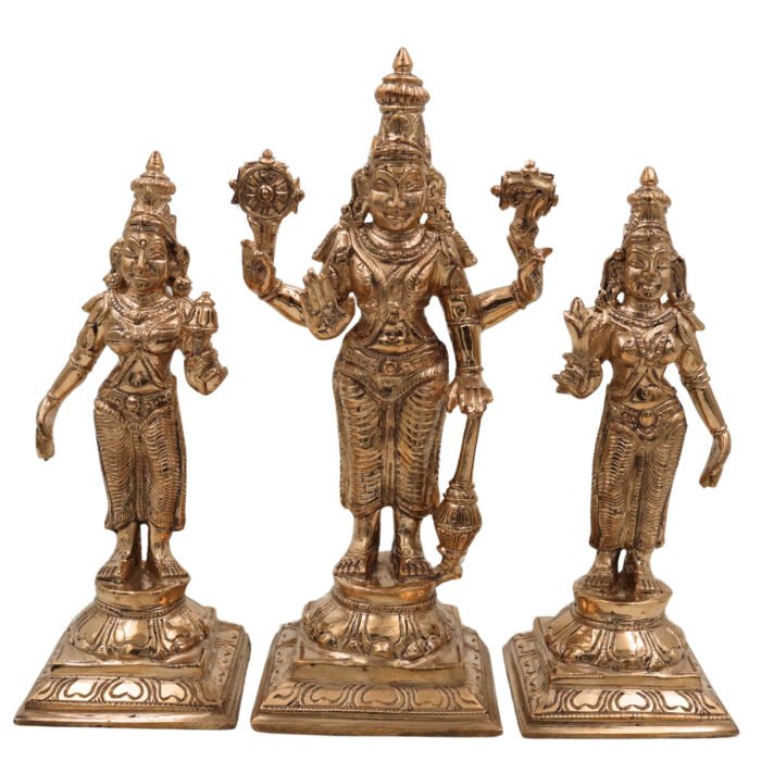 bhunes bronze panchaloha vishnu with sri devi & bhu devi – chola art lord perumal idol for pooja & temple worship,gold, 7.5 inch, 1 piece