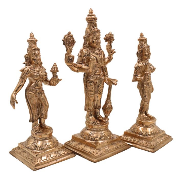 bhunes bronze panchaloha vishnu with sri devi & bhu devi – chola art lord perumal idol for pooja & temple worship,gold, 7.5 inch, 1 piece