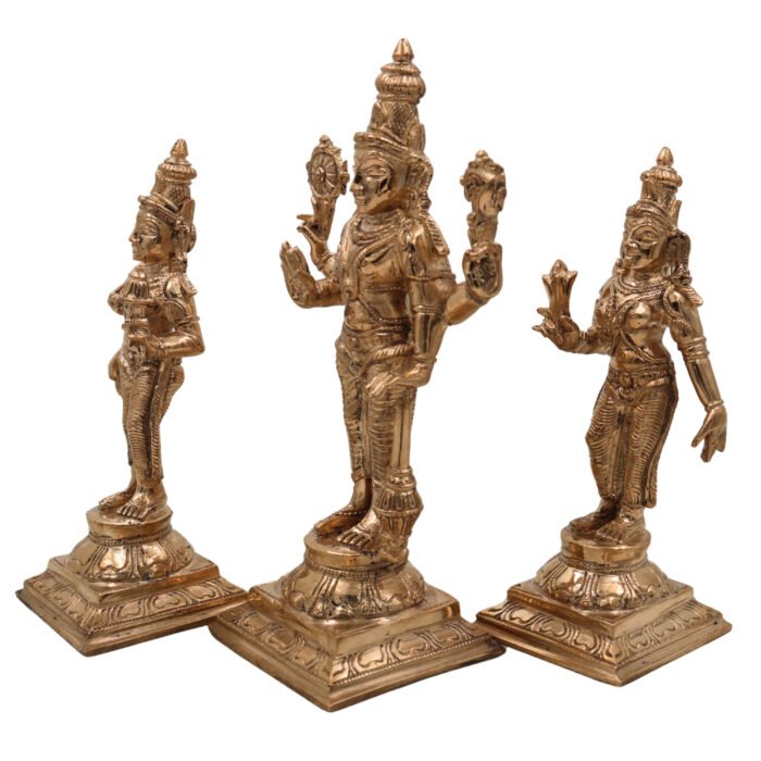 bhunes bronze panchaloha vishnu with sri devi & bhu devi – chola art lord perumal idol for pooja & temple worship,gold, 7.5 inch, 1 piece