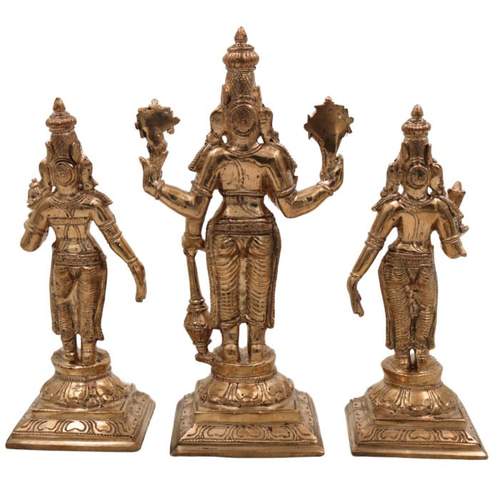 bhunes bronze panchaloha vishnu with sri devi & bhu devi – chola art lord perumal idol for pooja & temple worship,gold, 7.5 inch, 1 piece