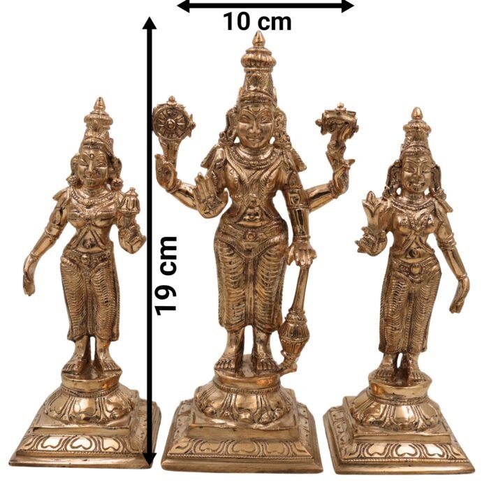 bhunes bronze panchaloha vishnu with sri devi & bhu devi – chola art lord perumal idol for pooja & temple worship,gold, 7.5 inch, 1 piece