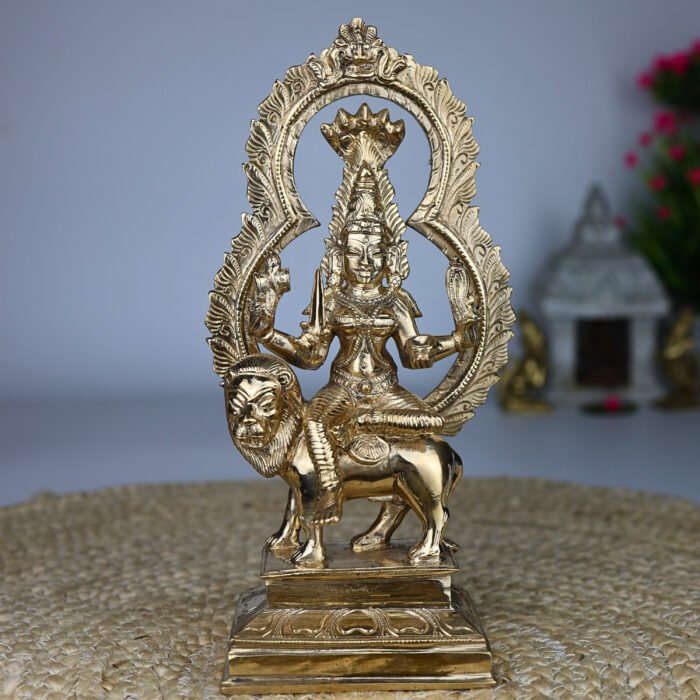 bhunes bronze panchaloha mariyamma sitting on lion – adhi shakti idol | chola art divine goddess sculpture,gold, 9 inch, 1 piece