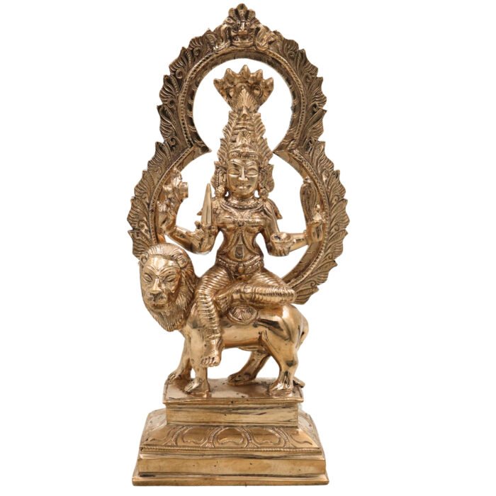 bhunes bronze panchaloha mariyamma sitting on lion – adhi shakti idol | chola art divine goddess sculpture,gold, 9 inch, 1 piece