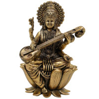 Brass Saraswati Idol, Maa Saraswati Murti, Sharada Vagdevi Statue for Pooja, Home Temple, Study Table, Spiritual Decor & Gifting, Gold, 4 Inch, 1 Piece - Image 2